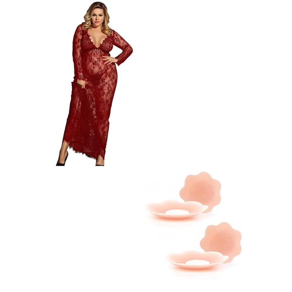 Other - 6347 Plus Size Long Lingerie Set and Nipple Cover - 2 Pairs Pasties Nipple